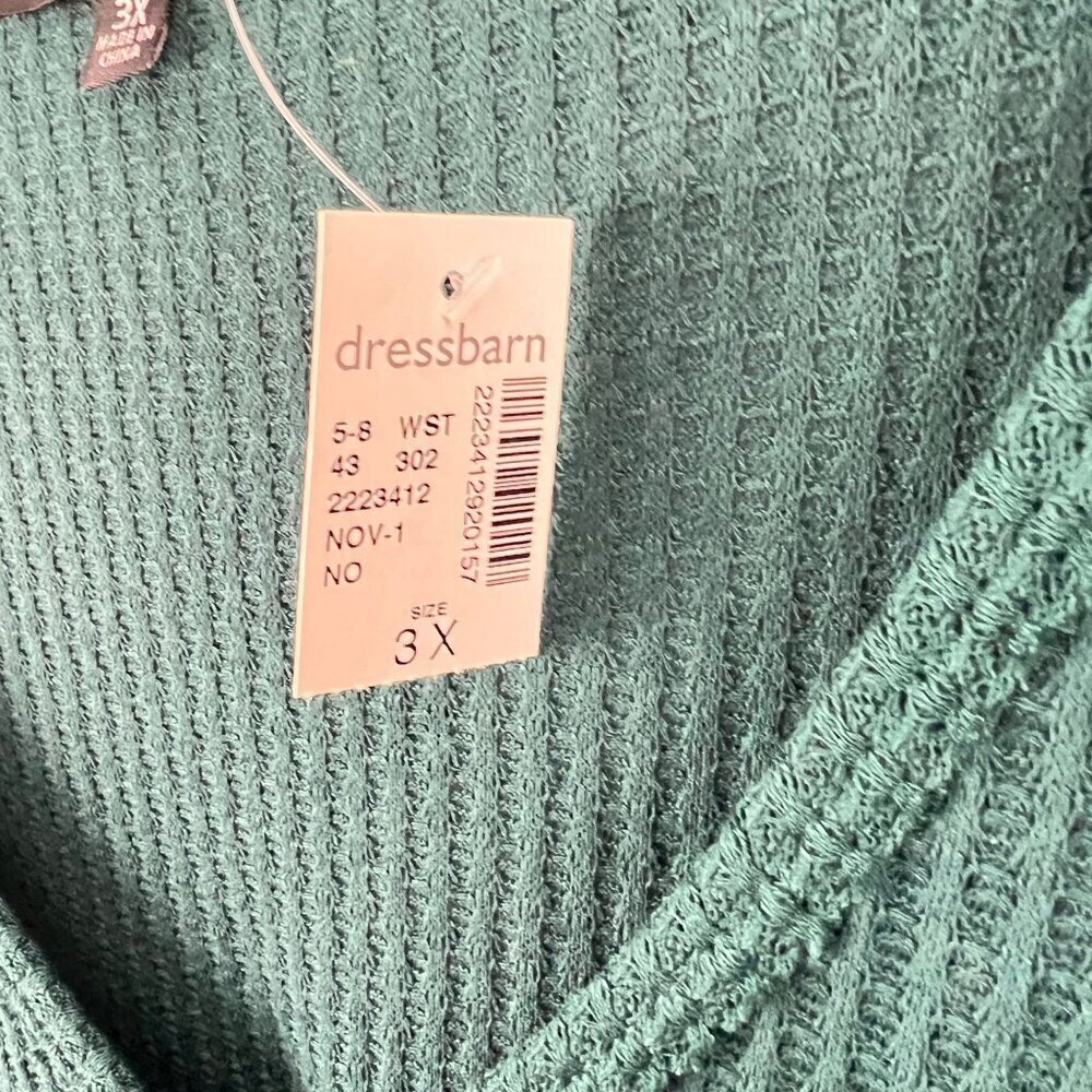 Dressbarn Womens Size 3X Teal Ribbed Long Sleeve V-Neck Ruffle Hem Top - Picture 5 of 8